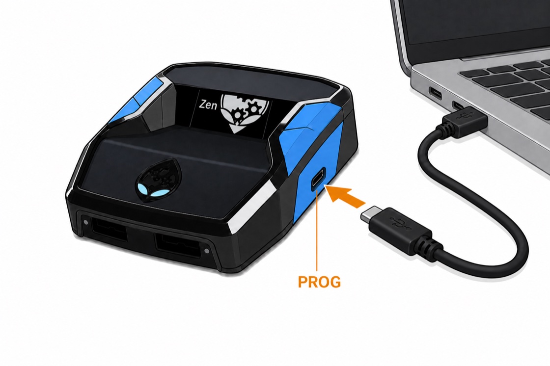 USB cable plugging into the small PROG port on the right side of the Cronus Zen, connected to a laptop